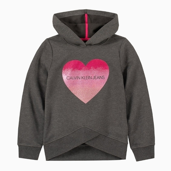 CALVIN KLEIN Graphic Pink Heart Logo Crossover Hoodie Grey Fleece Big Girl 12/14 - Picture 1 of 12